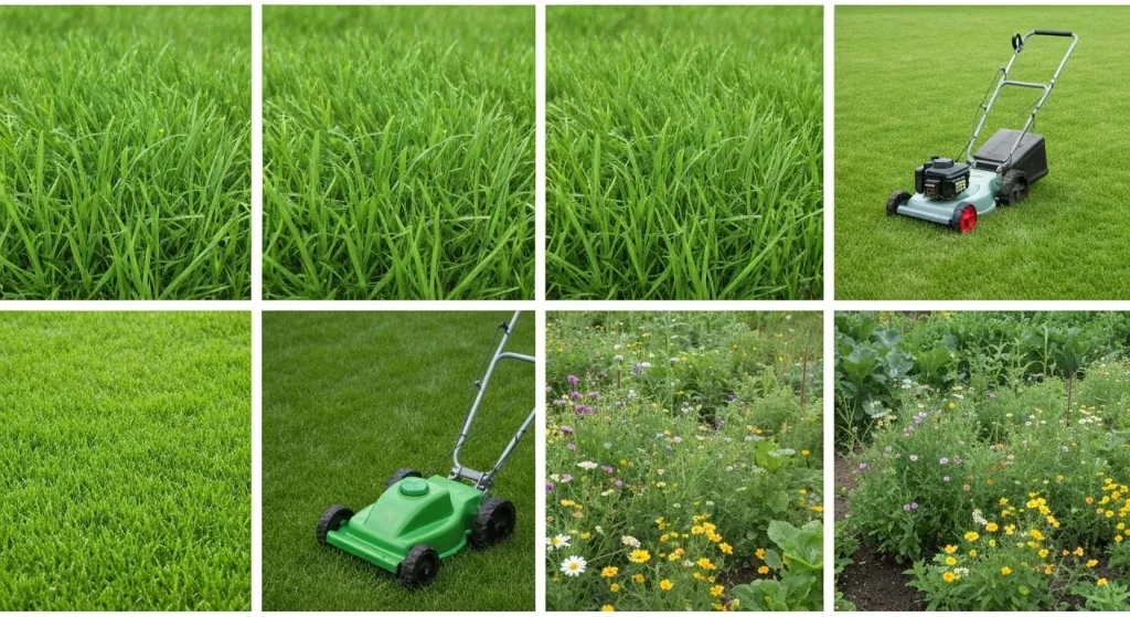 Un gazon verde și sănătos, irigat cu apă din butoiul de ploaie, este tuns cu o mașină de tuns iarba manuală, lângă o grădină cu flori sălbatice.