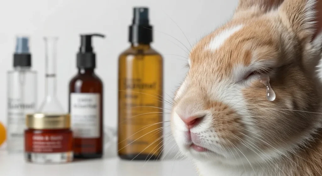 Iepure cu ochii închiși, o lacrimă pe obraz, pe fundal produse cosmetice estompate.