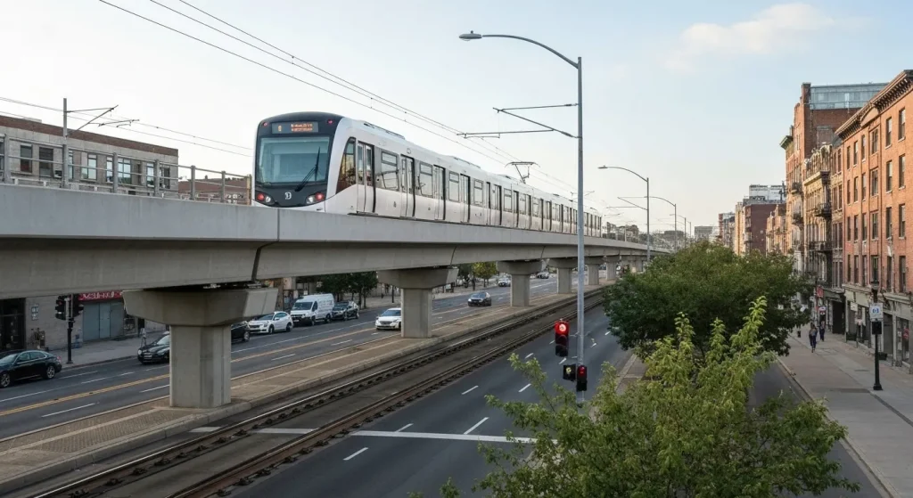 Un sistem de transport rapid cu gabarit redus, pe o linie separată de traficul rutier.