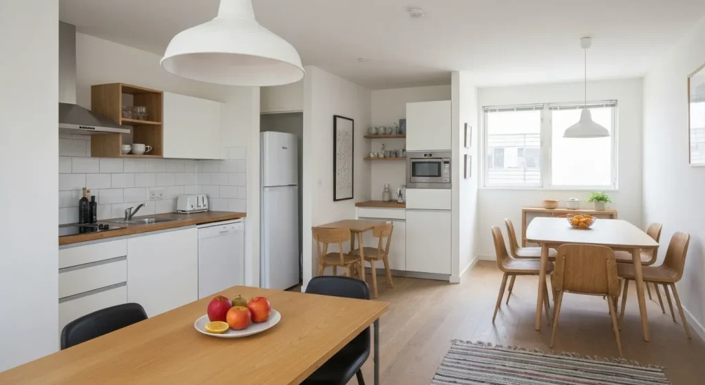 Un apartament mic, eficient, cu un design minimalist, care prezintă o baie comună și aparate electrocasnice compacte.