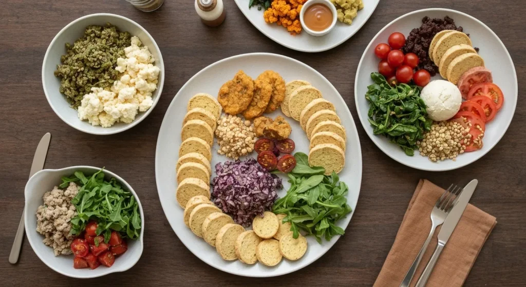 O imagine care prezintă o masă echilibrată cu multe legume, fructe și o cantitate mică de carne, alături de o imagine cu practici agricole sustenabile.