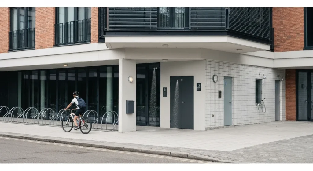 Un ciclist ajunge la o clădire cu facilități pentru bicicliști, inclusiv dușuri și vestiare.