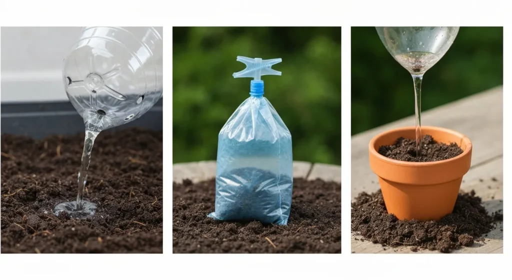 Trei metode simple de udare a plantelor din ghivece, folosind o sticlă de plastic, o pungă de plastic și un ghiveci de teracotă.