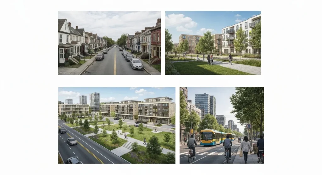 Imagini care ilustrează o comparație între o suburbie cu tramvai istorică și o suburbie modernă centrată pe mașină, precum și un cartier modern, ecologic și pietonal.