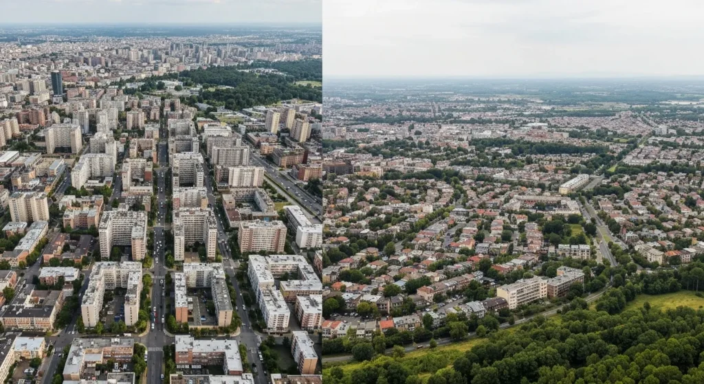 O imagine a unui oraș dens, cu clădiri înalte și străzi aglomerate, contrastând cu o zonă suburbană cu case individuale și spații verzi extinse.
