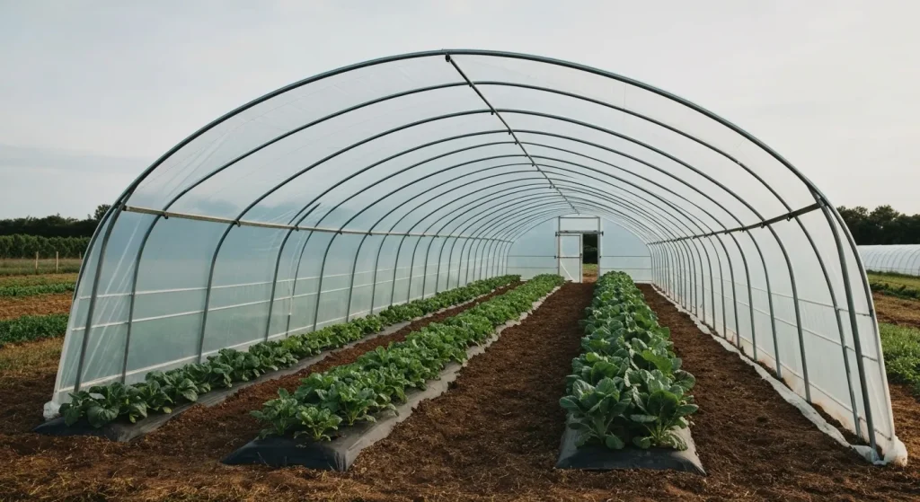 Un tunel înalt din plastic, folosit pentru cultivarea plantelor, oferă protecție împotriva intemperiilor.