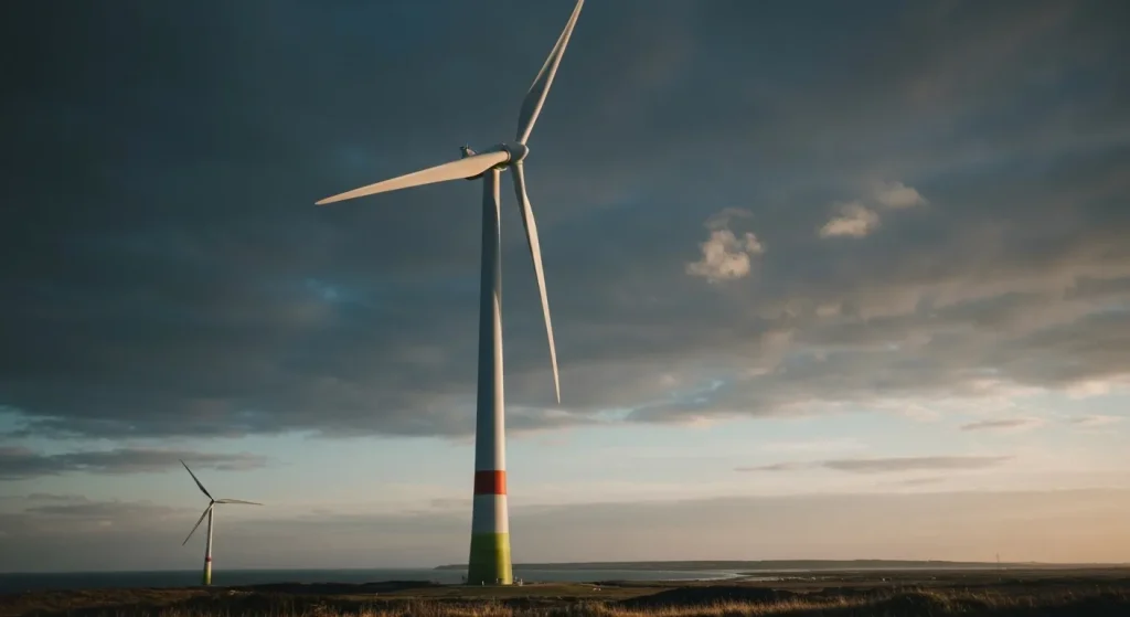O turbină eoliană gigantică, cu pale lungi, situată pe o coastă.