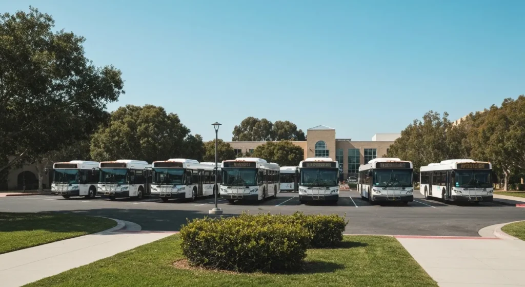 Douăzeci de autobuze electrice parcate pe un campus universitar însorit.
