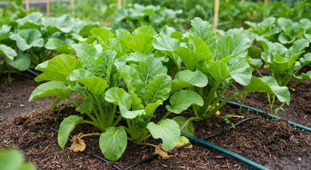Legume sănătoase și bine udate într-o grădină, cu sistem de irigare prin picurare.