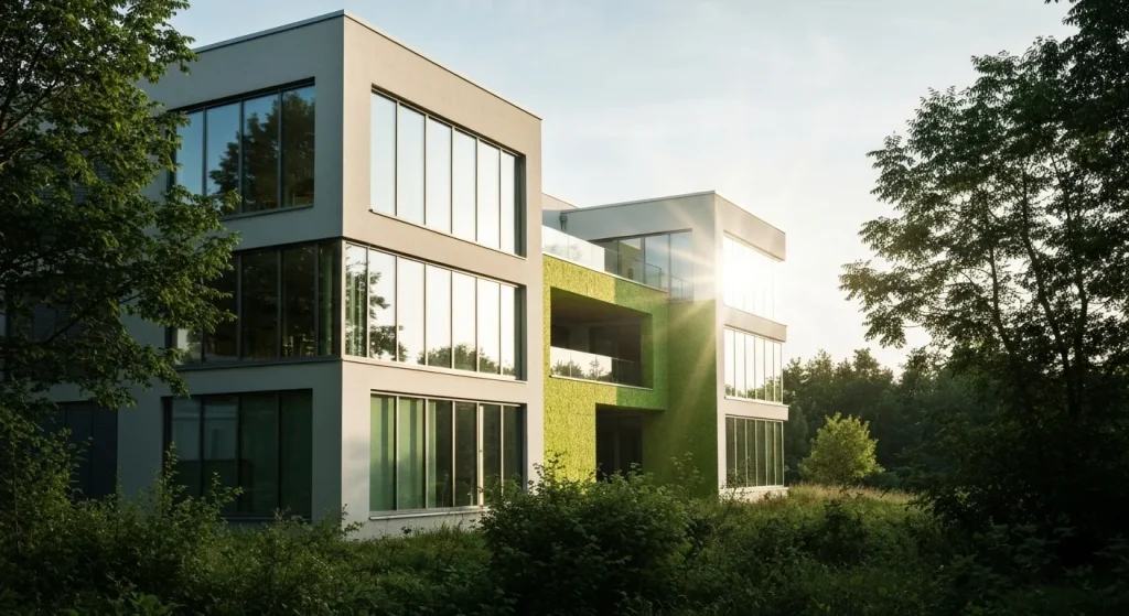 O clădire modernă, ecologică, cu multă lumină naturală și vegetație în jur.
