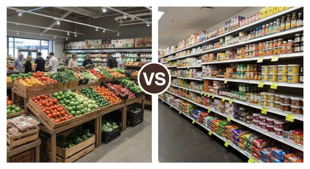 O fotografie care prezintă un contrast între o piață fermierilor luxoasă și un supermarket accesibil, ilustrând inegalitatea în accesul la alimente.