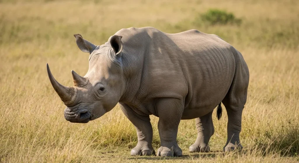 Rinocer alb nordic bătrân, Sudan, stând în iarbă înaltă într-o rezervație naturală.