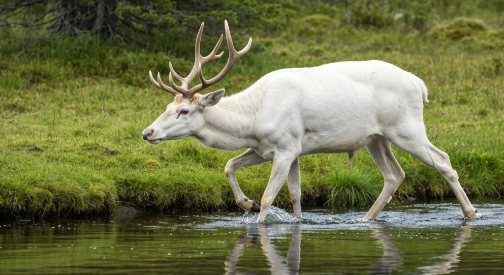 Un elan alb majestos traversează un pârâu într-un peisaj natural.