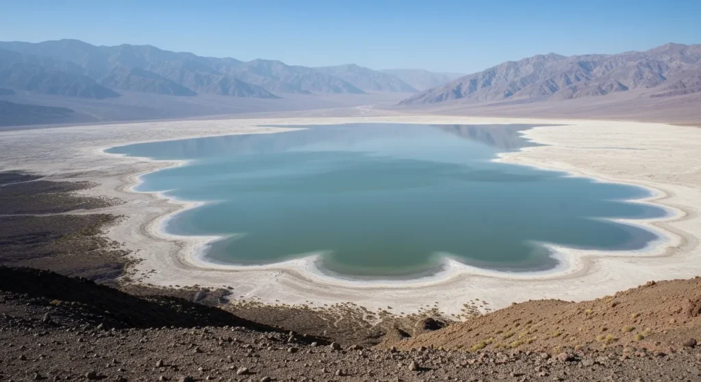 Un lac temporar extins se întinde peste Bazinul Badwater din Valea Morții, contrastând cu peisajul deșertic uscat.