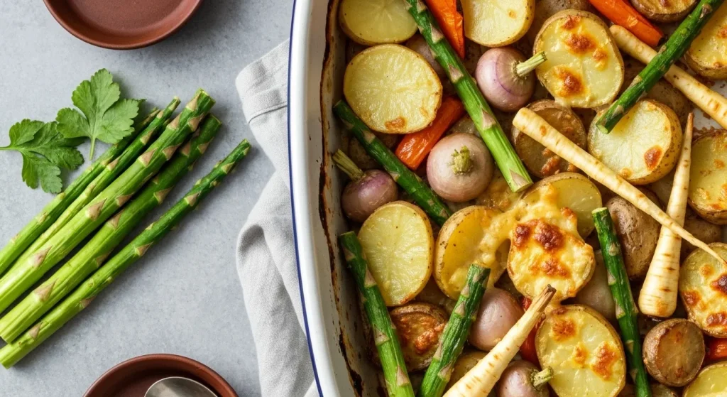 Un gratin de legume rădăcinoase de toamnă, cu cartofi, napi și păstârnac, aranjate într-un vas de copt.