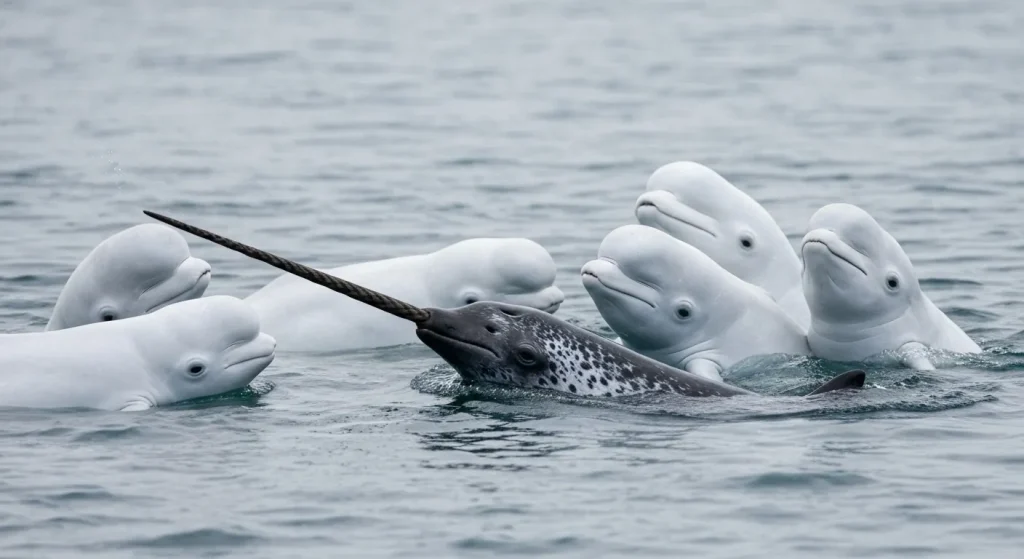 O balenă narval cu un corn lung, înotând printre o turmă de balene beluga albe.