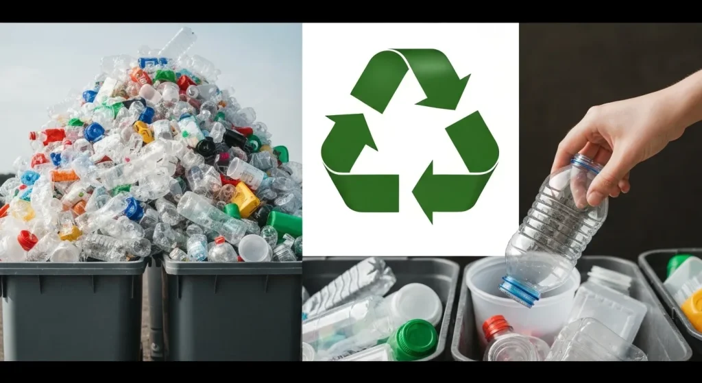 Un munte de deșeuri de plastic, containere de gunoi depășite și simbolul de reciclare deteriorat pe o sticlă de plastic spartă.