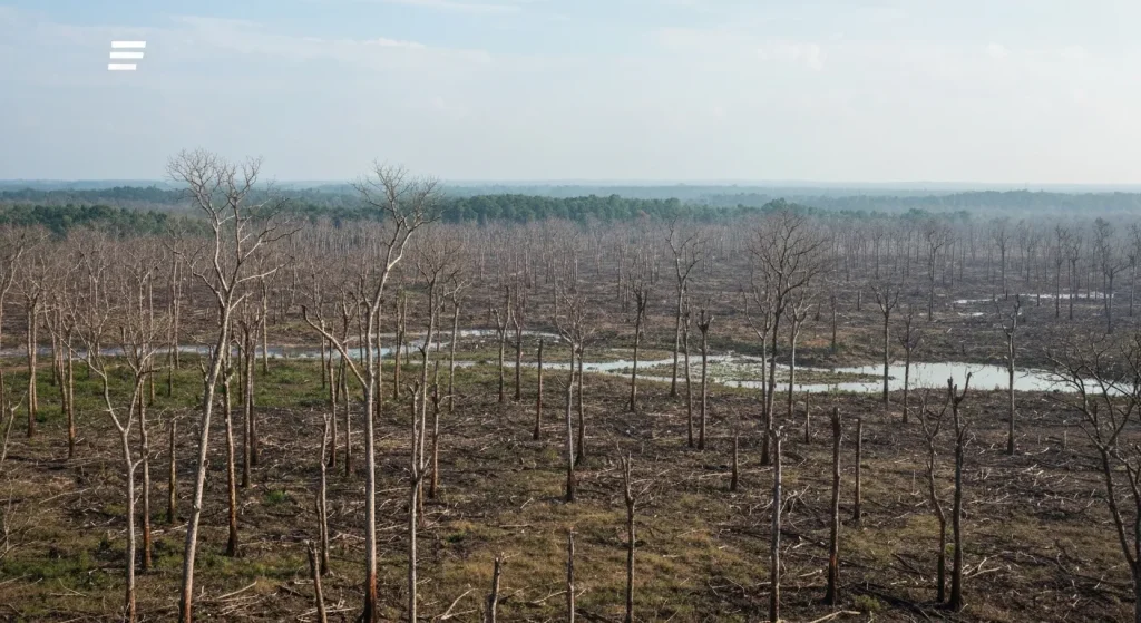 O imagine care prezintă o suprafață extinsă de teren degradat, cu vegetație rară și semne vizibile de defrișare sau poluare.