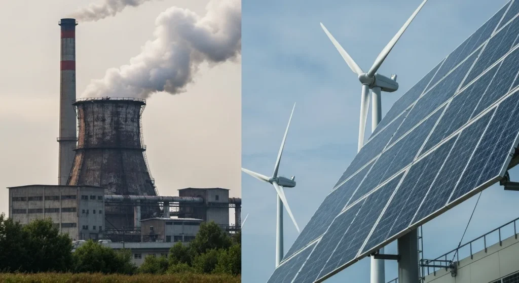 O imagine care prezintă o centrală electrică veche, poluantă, alături de o sursă de energie regenerabilă modernă.