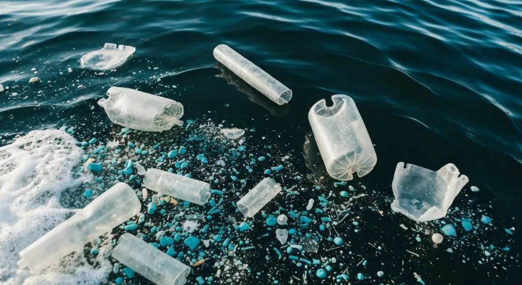 O imagine a unor microplastice plutitoare în ocean, alături de deșeuri plastice mai mari, cum ar fi sticle și pungi.