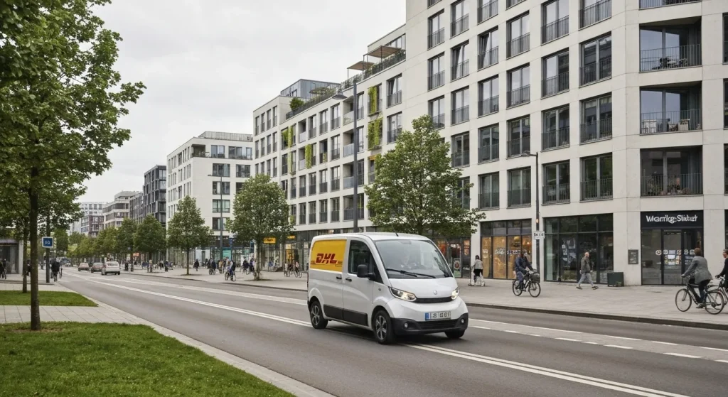 O furgonetă electrică mică de livrare DHL circulă pe o stradă pietonală într-un oraș modern, cu clădiri verzi și spații verzi.