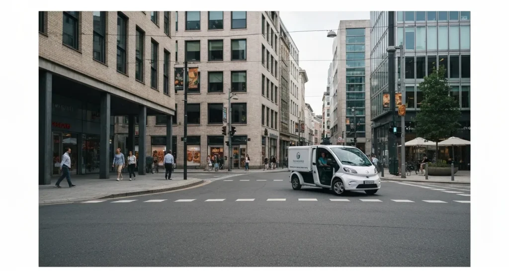 O stradă urbană animată, cu clădiri moderne și vehicule electrice mici de livrare circulând printre pietoni.