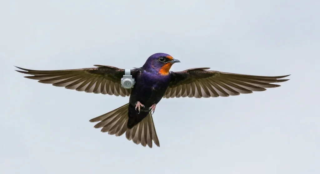 O rândunică purpurie mică purtând un dispozitiv de urmărire minuscul, în zbor deasupra unui peisaj natural.
