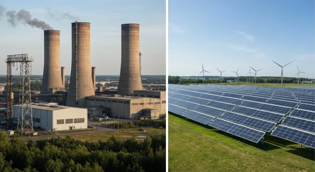 O imagine care prezintă o centrală electrică pe cărbune închisă și o fermă solară în construcție.
