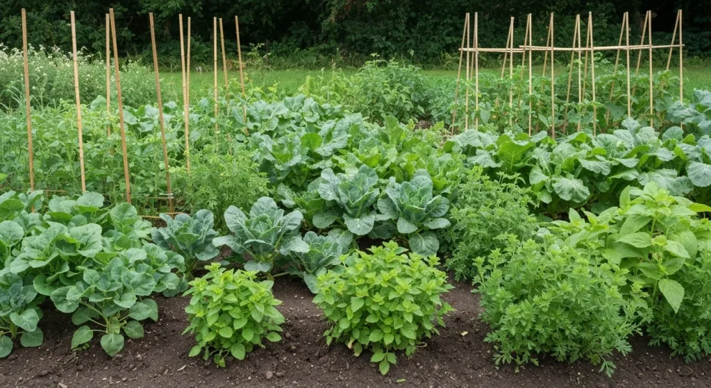 O grădină cu legume și plante aromatice, unele dezordonat plantate, dar abundentă în verdeață.
