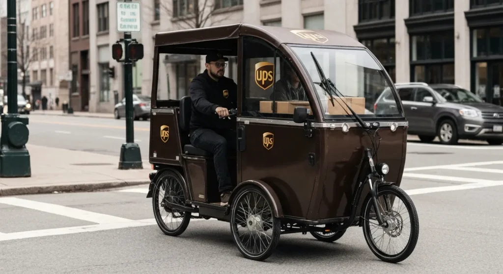 O tricicletă electrică maro UPS livrează colete pe o stradă din centrul orașului Pittsburgh.