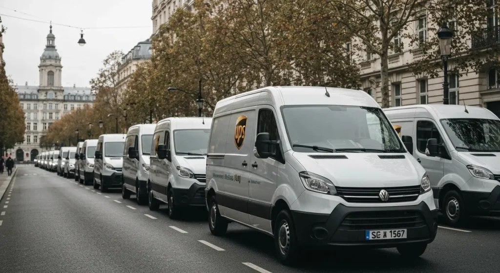 35 de furgonete electrice de livrare UPS, cu autonomie mare, parcate pe o stradă din Londra.