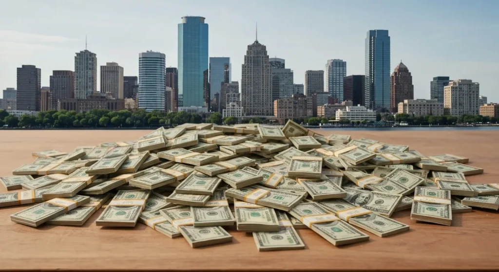 Un zgârie-nori urban înalt, impunător, alături de o stivă mare de bancnote.