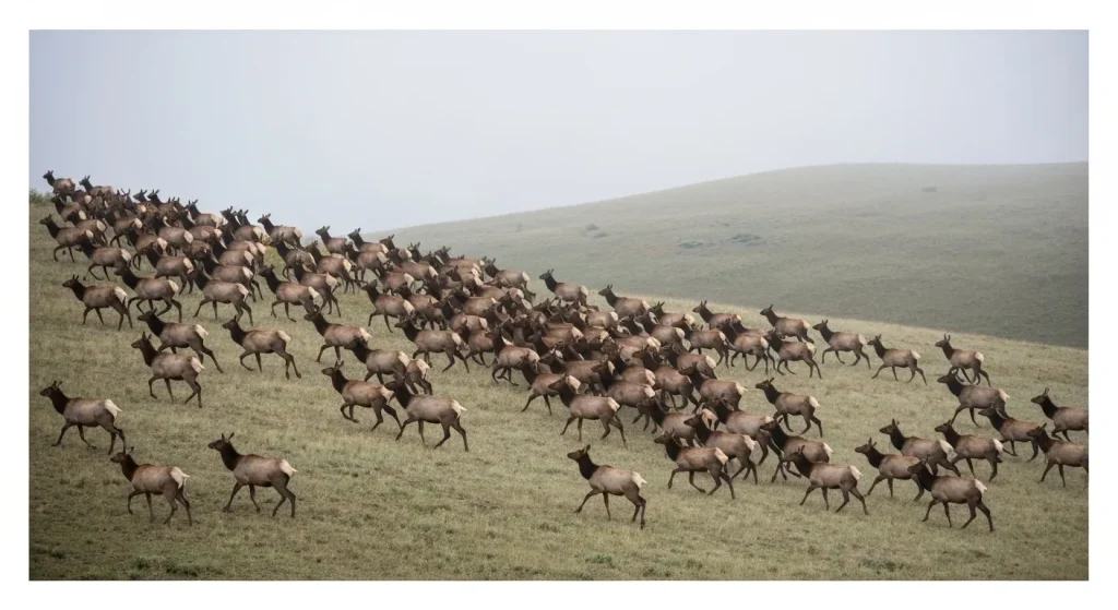 O turmă mare de elani alergând peste dealuri cețoase într-un peisaj din Colorado.