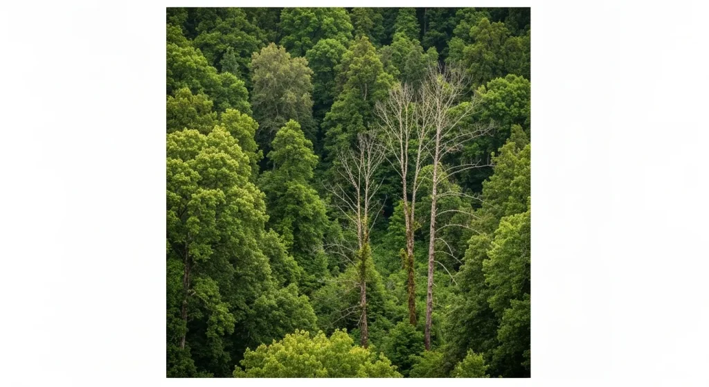 Pădure riverană din California, cu arbori verzi, înfloritoare, dar cu puieți puțini sau deloc.