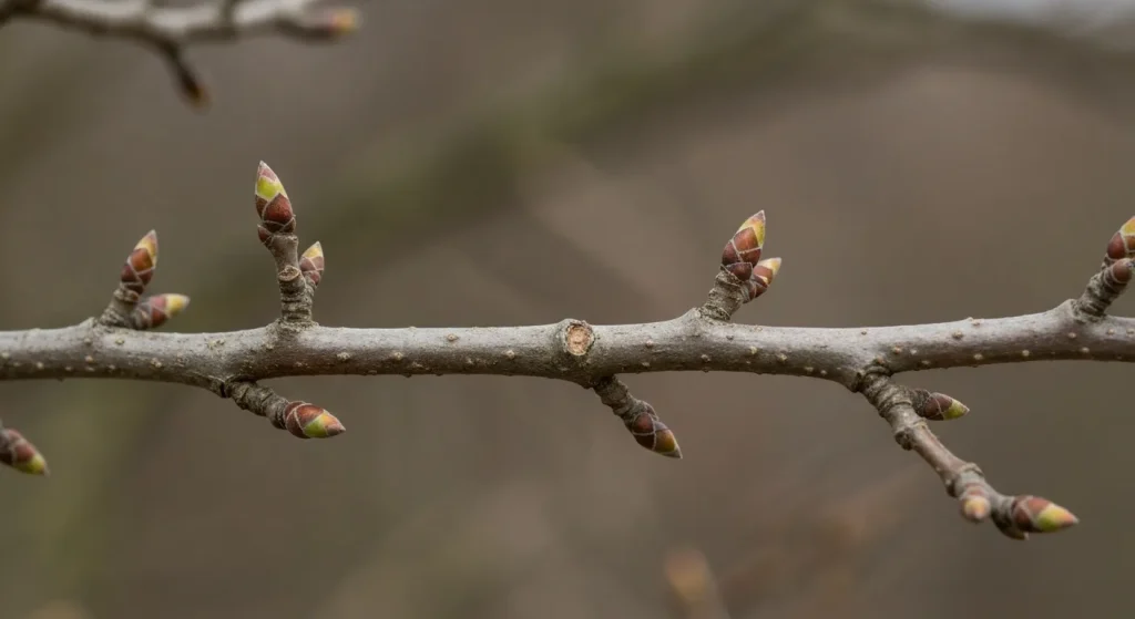 Ramură de copac în detaliu, arătând muguri, cicatrici foliare, lenticelu și aranjament ramificații.
