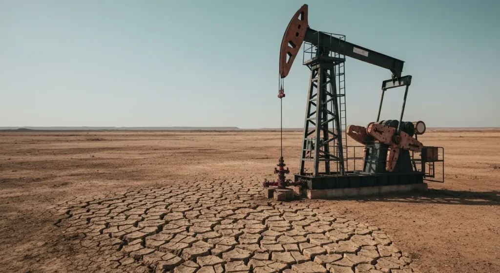 O platformă petrolieră abandonată, parțial acoperită de nisip, cu un peisaj arid în jur.