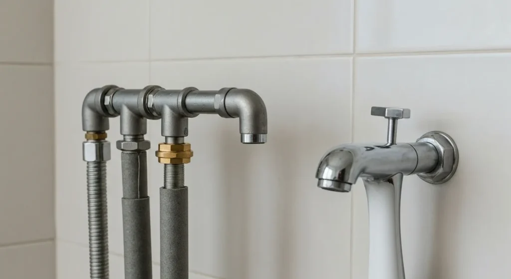 Țevi izolate de apă caldă și un robinet cu mâner metalic.