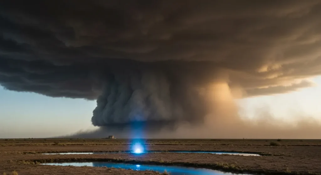 O furtună de praf imensă, întunecată, se abate peste un peisaj arid, reducând vizibilitatea la aproape zero.