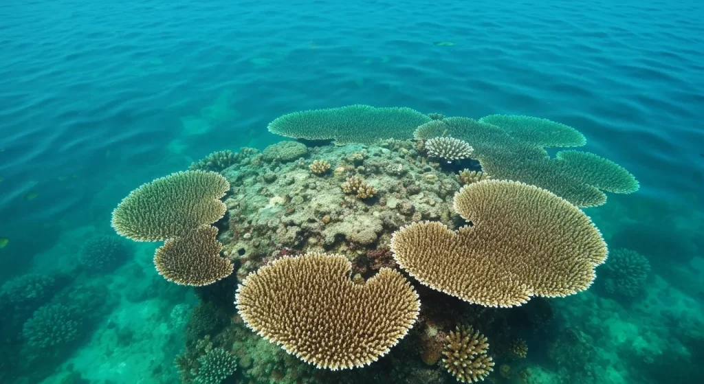 O imagine a unei zone marine afectate de o undă de căldură, cu corali deteriorați și alge toxice.