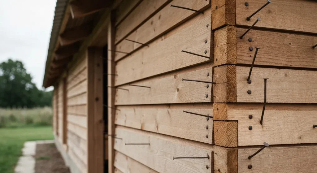O structură simplă din lemn, construită prin îmbinarea unor bucăți de cherestea cu cuie.
