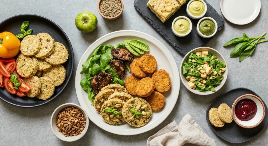O masă plină cu mâncăruri vegane colorate și apetisante, aranjate cu grijă.