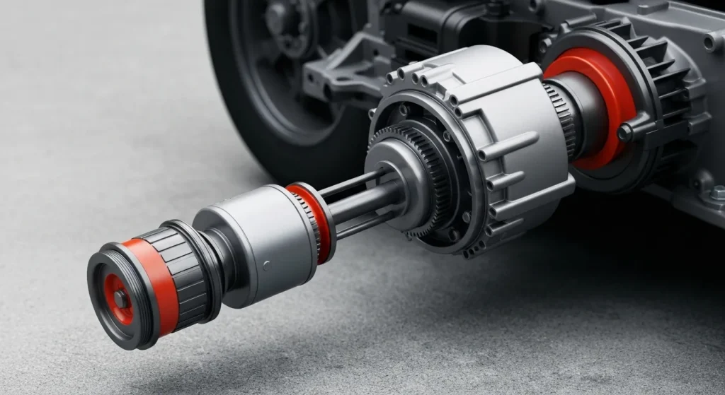 Secțiune transversală a unui sistem de propulsie electrică a unui vehicul, arătând motorul electric și unitatea de reducere a vitezei cu o singură treaptă.