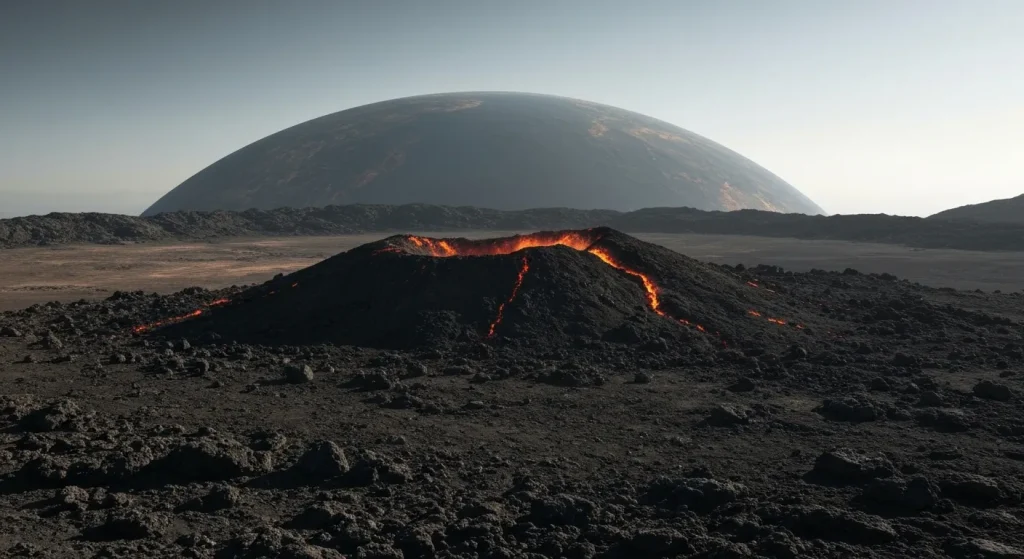Suprafața întunecată și stâncoasă a planetei Venus, așa cum a fost fotografiată de o navă spațială.