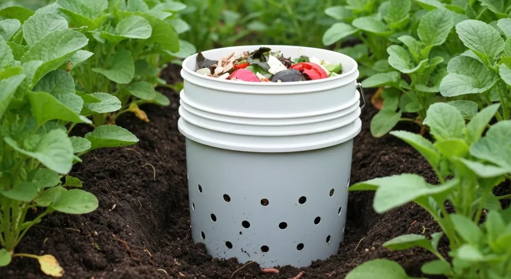 O găleată de plastic îngropată parțial în pământ, cu deșeuri alimentare în interior, atrage viermi care descompun deșeurile și îmbogățesc solul.