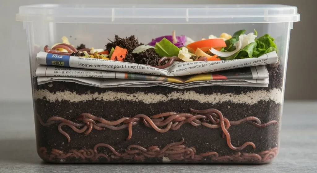 Un sistem de vermicompostare casnic, cu un recipient din plastic, straturi de ziar umezit, pământ și râme roșii, cu resturi alimentare adăugate.
