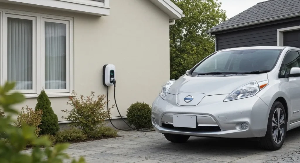 Un Nissan Leaf argintiu parcat într-o alee lângă o casă, cu o stație de încărcare pentru mașini electrice vizibilă.