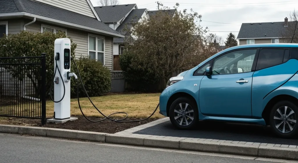 O stație de încărcare pentru mașini electrice instalată într-o curte, cu cablu conectat la o mașină Nissan Leaf.