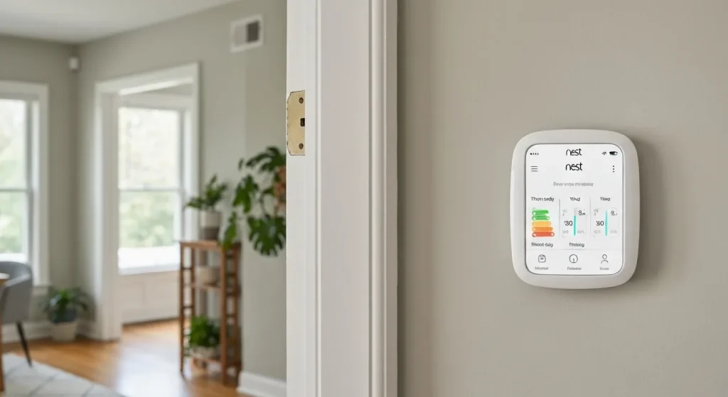 Un termostat Nest instalat pe un perete, cu fire conectate la spatele acestuia.