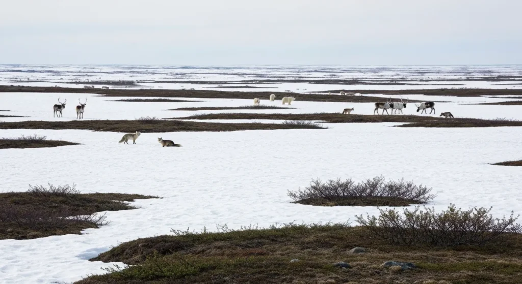 Peisaj arctic cu vegetație scundă, zăpadă și animale sălbatice.