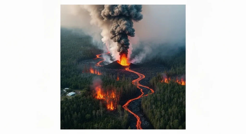 Imagini aeriene ale unei erupții vulcanice pe Insula Hawaii, arătând curgeri de lavă care se extind printr-o zonă împădurită, cu coloane de fum vulcanic.